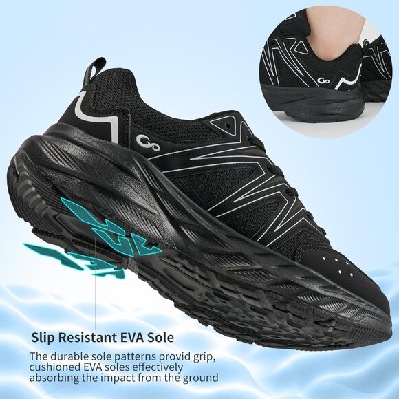 Women's Sneakers Walking Shoes Slip on Cushion Tennis Shoe Workout Gym All Black - Picture 4 of 6